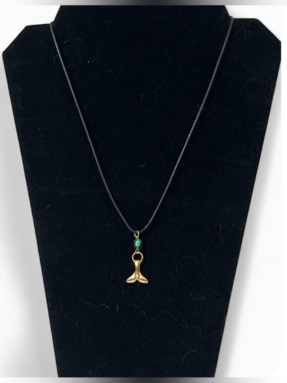 Gold Tone Whale Tail Pendant Necklace Black Cord Green Bead Ocean Nautical Surf